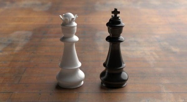 Black king and white queen chess pieces on a wooden surface represent contrasting leaders from X and Y theory