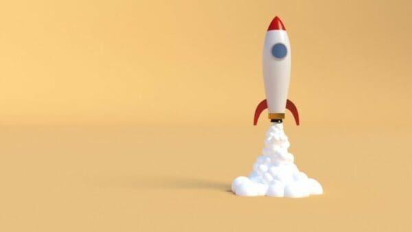 Boost rocket ship Rocket ship launching upwards with smoke behind and orange background
