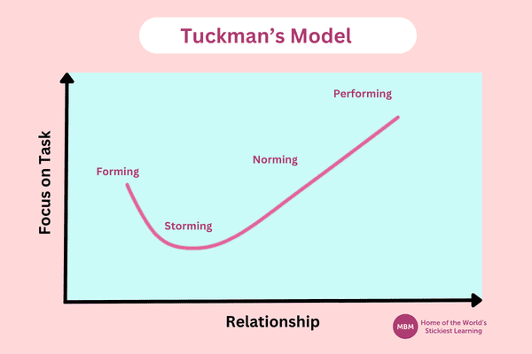 Tuckman's model Blue chart graph showing pink curve of Tuckman's model of group development