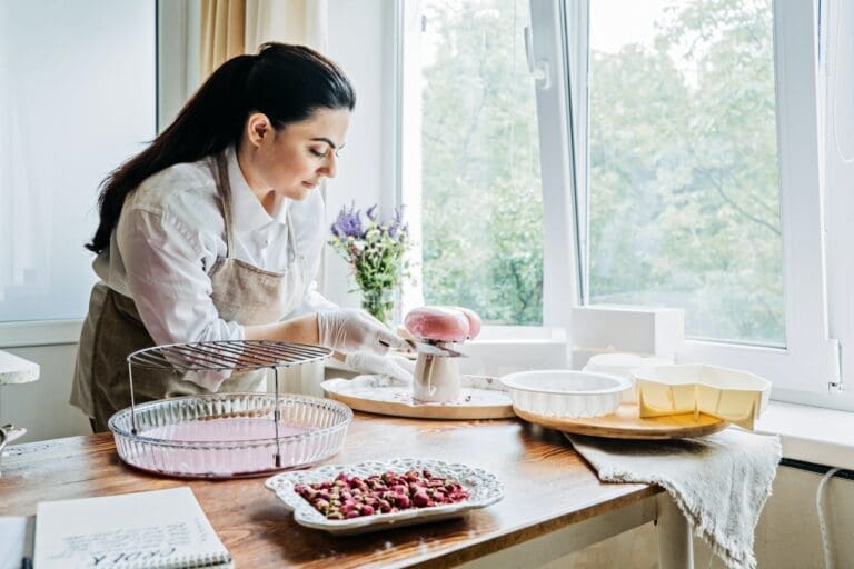 baking Female baker make pink cake using spaced repetition