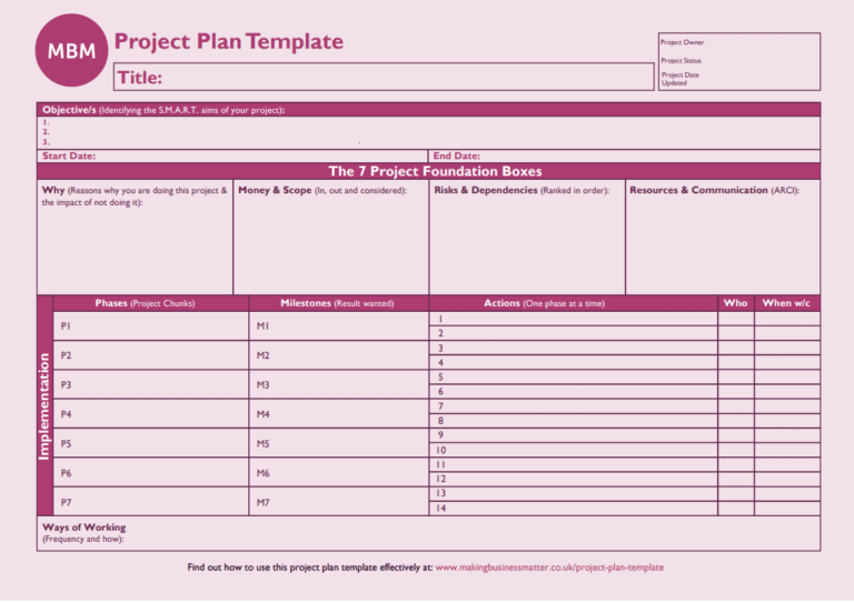 Purple themed editable PDF project plan template