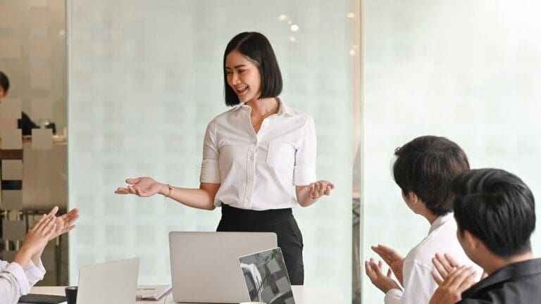 explaining Young passionate businesswoman using coaching conversation