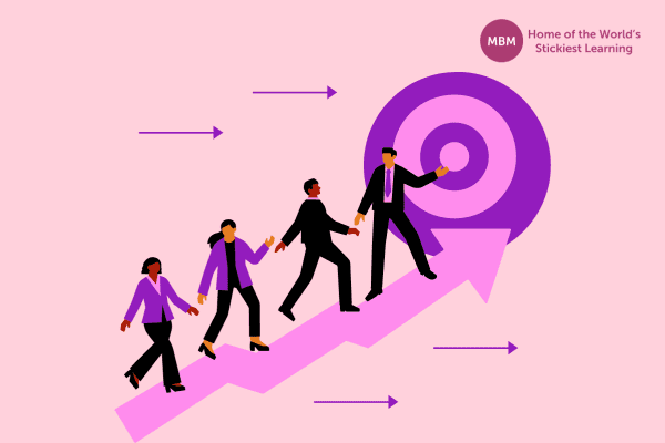 Purple illustration of leaders walking on an arrow