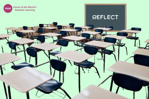 Classroom with chairs and reflect written on chalk board