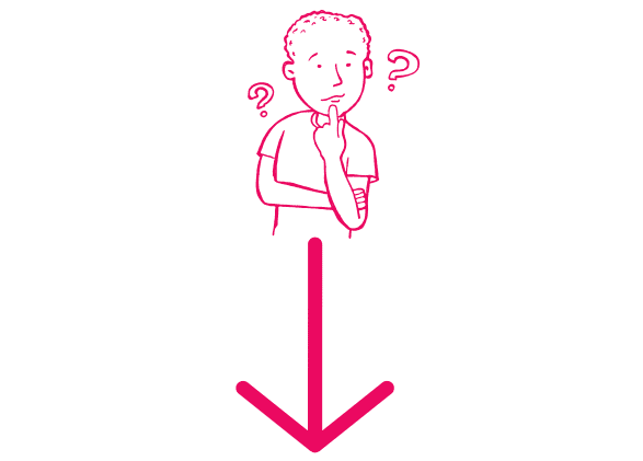 Cartoon boy thinking about litter man challenge above pink arrow