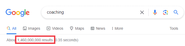 Google search results for the word coaching showing over a billion results