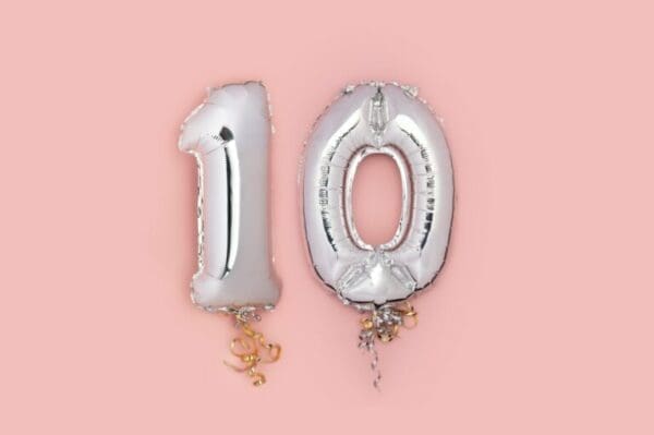 Silver Number ten Silver Number ten Balloons on pink background