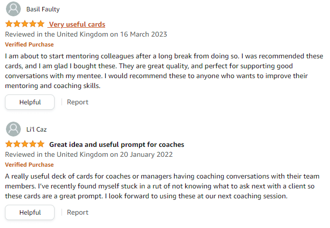 Amazon five stars review for Advanced Grow Coaching cards from MBM