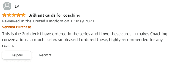 Amazon five stars review for Mental Health Coaching cards from MBM