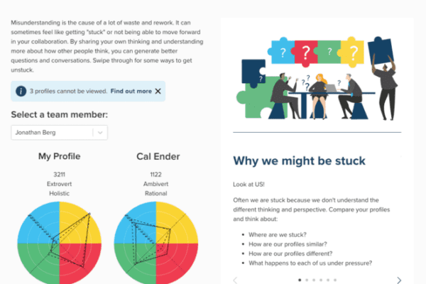 Getting Unstuck Demo graphic with cartoon team brainstorming and HBDI profile circles