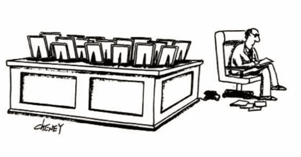 man reading and a desk filled with picture frames Cartoon drawing of a man reading and a desk filled with picture frames