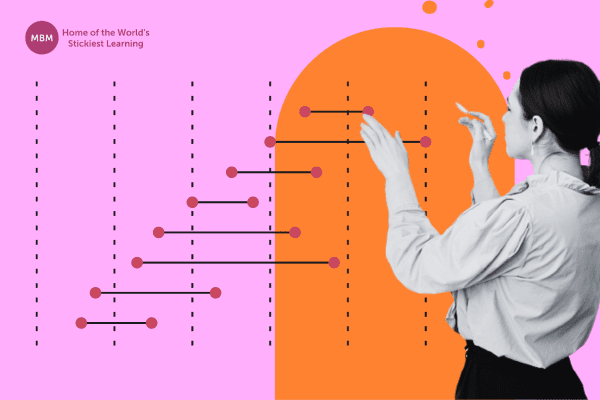 Manager planning training with orange and pink graphics