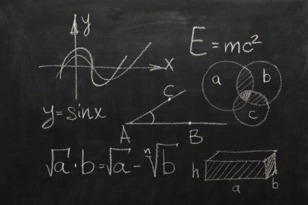 Math formulas on black chalkboard