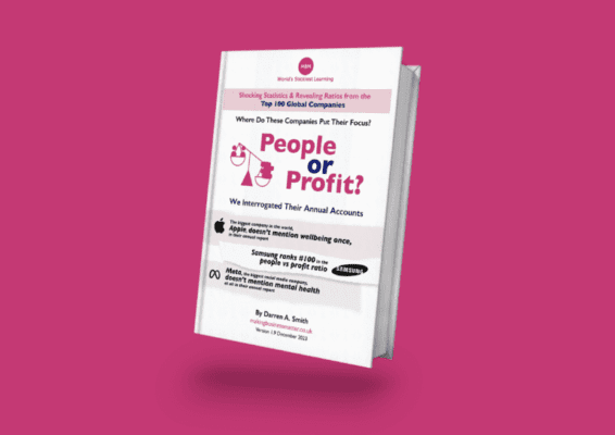 3D mock up of a white, purple and blue hardback book with the title 'people or profit?'