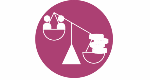 Purple icon scale with money on one end and people on other end