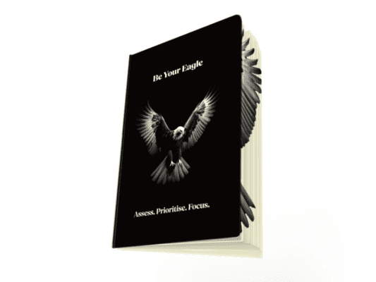 3D mock up image of a black planner with an eagle on the front and eagle wing on the page on the right.