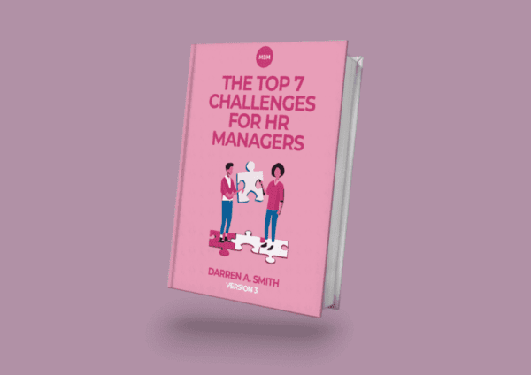 Pink 3D model of book title The Top 7 Challenges for HR Managers