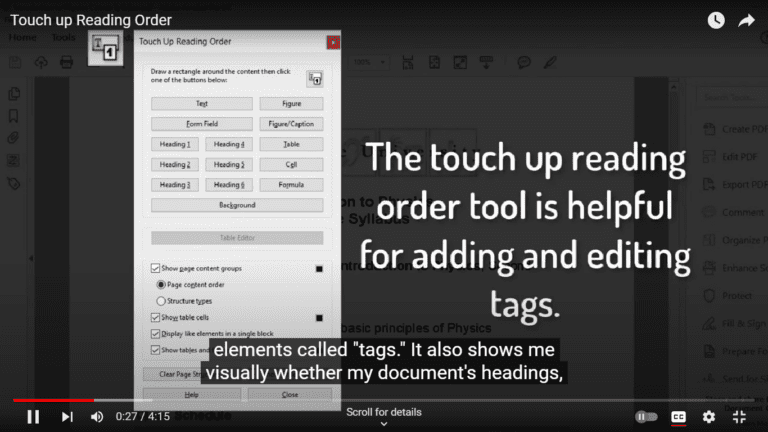 Links to YouTube video about Touch up Reading Order