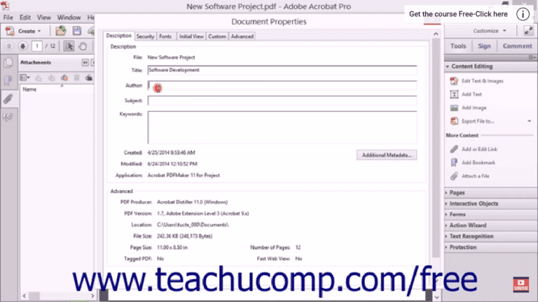 Links to YouTube video about Adding Metadata - Adobe Acrobat XI Training Tutorial Course