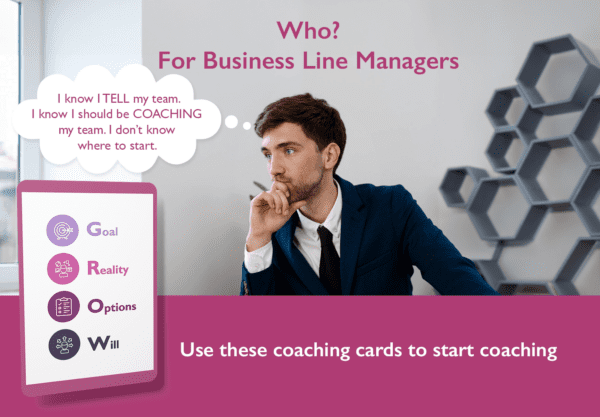 Line manager ad with Male manager thinking and grow coaching card