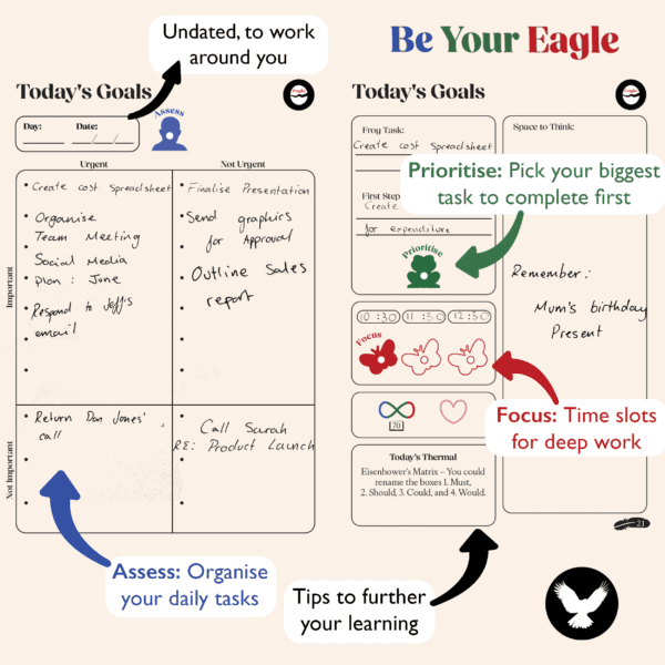 Infographic showing features of the Be Your Eagle Daily Planner