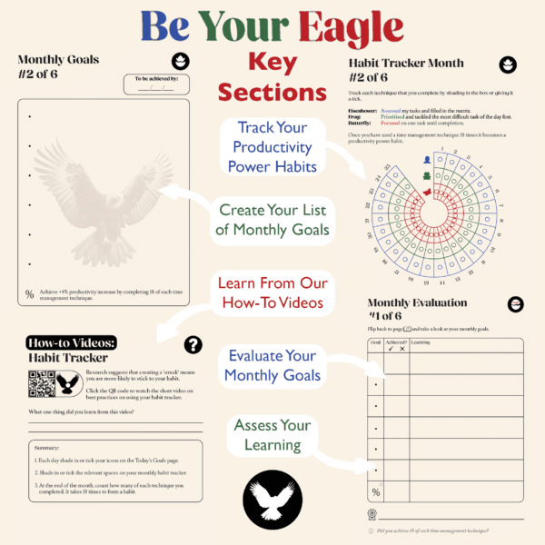Infographic showing screenshots of different pages within the Be Your Eagle daily planner.