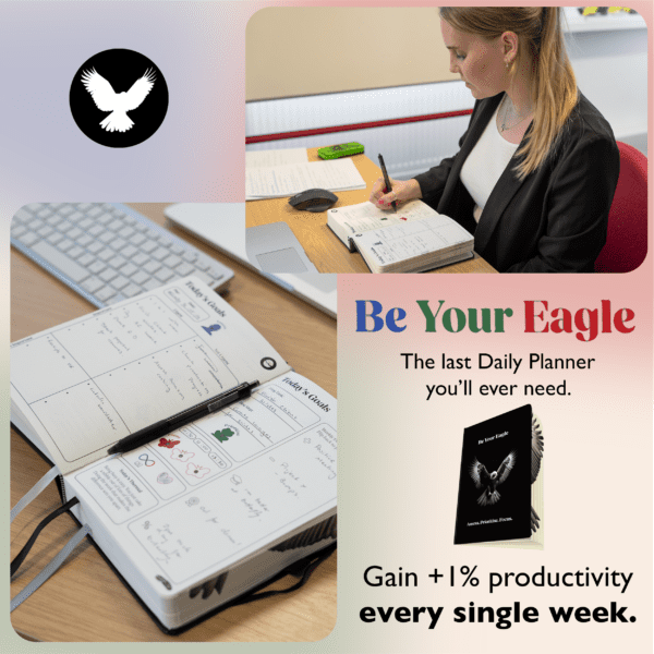 Female manager using a Be Your Eagle Daily Planner and planner with a pen advert