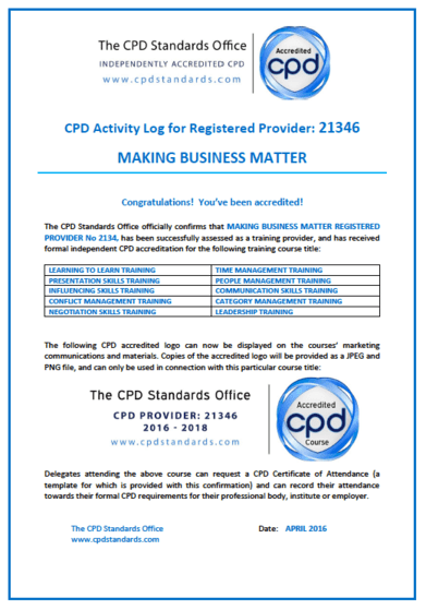 CPD Activity Log for Registered Provider Training MBM Making Business Matter