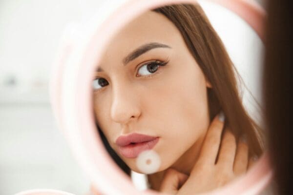Portrait of a young brunette looking at her reflection in the mirror