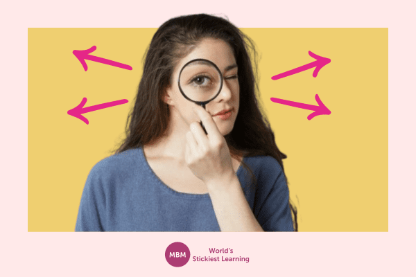 Woman looking all angles through magnify glass for Body Language for Presentations