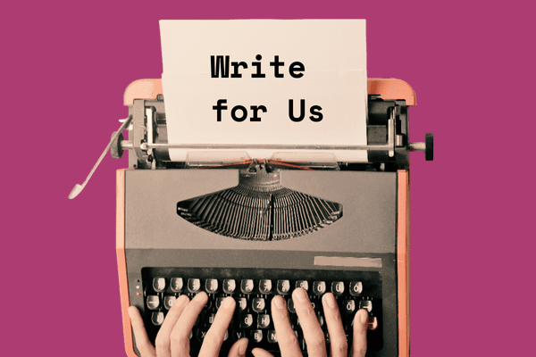 Write for us on a typewriter with purple background