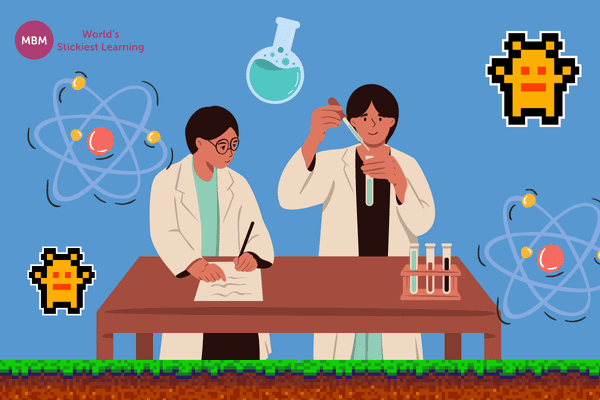 Cartoon scientists doing an experiment