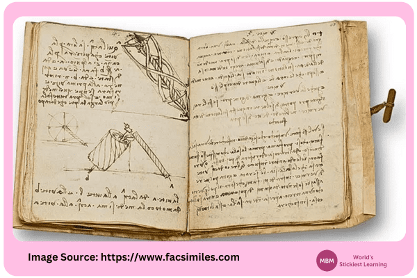 Da Vinci journal Inside Da Vinci journal showing drawing and texts