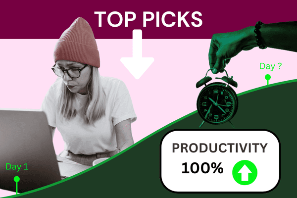 Time Management Tools Top Picks with 100 percent productivity and a clock next to busy woman