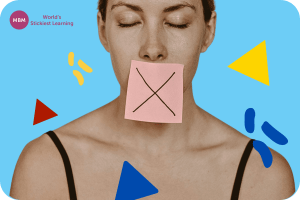 Non verbal woman wtih a sticky note over her mouth