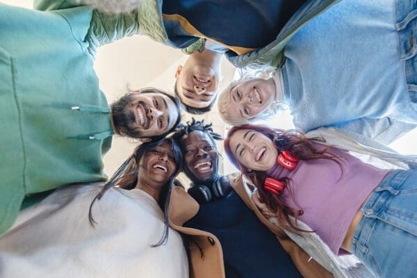 Circle of Smiling Friends from Above - Unity and Diversity