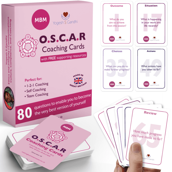 A box of O.S.C.A.R Coaching Cards featuring 80 self-improvement questions for coaching sessions, with an assortment of cards displayed.
