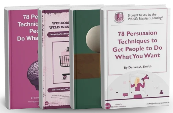 Four books are standing upright, featuring topics related to persuasion, shopping, and effective techniques, with colorful and illustrated covers.