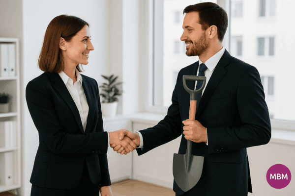 two people shaking hands - man holding the assumption shovel